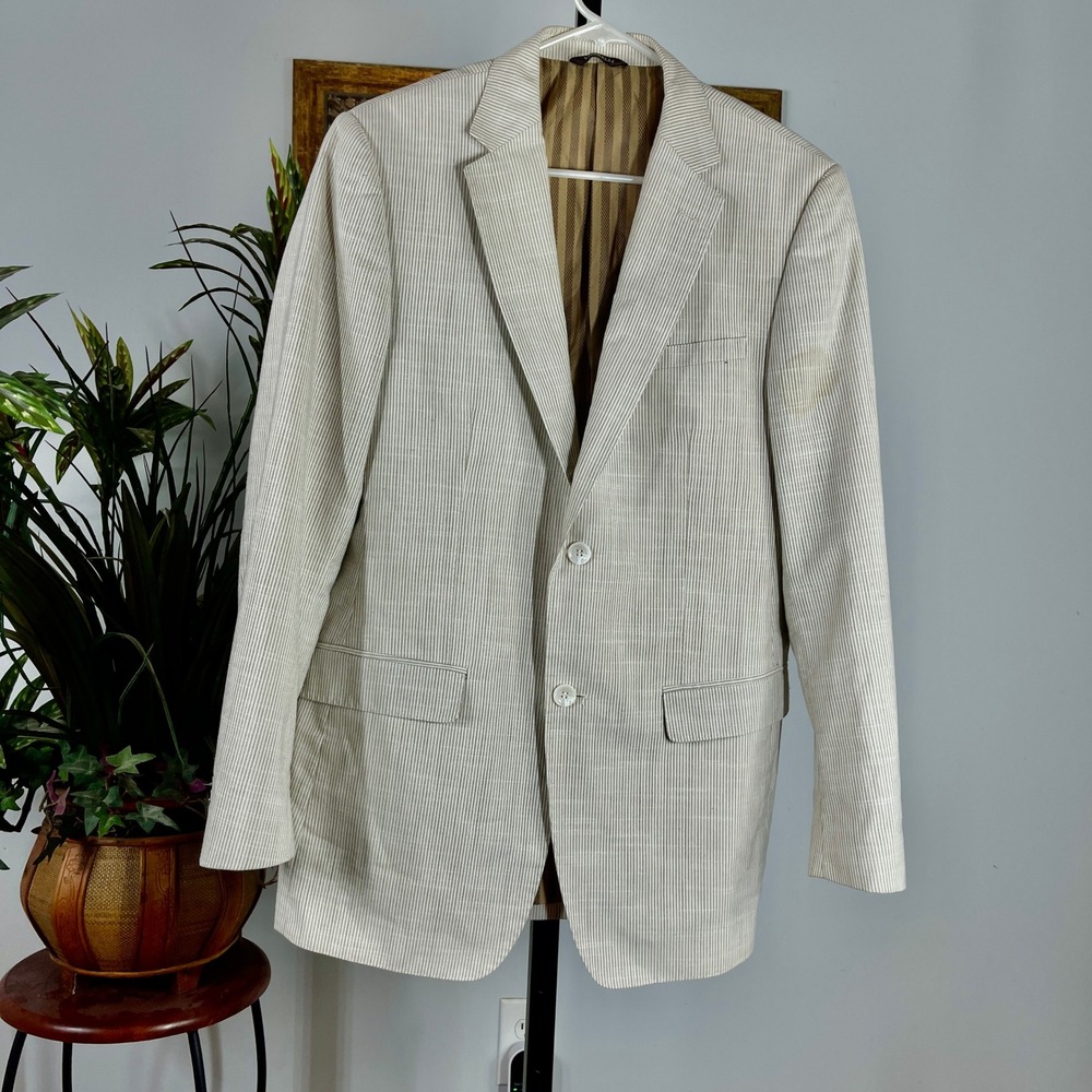Vitarelli Blazer Mens 38R Beige Polyester Rayon Striped Slim Fit Two Button